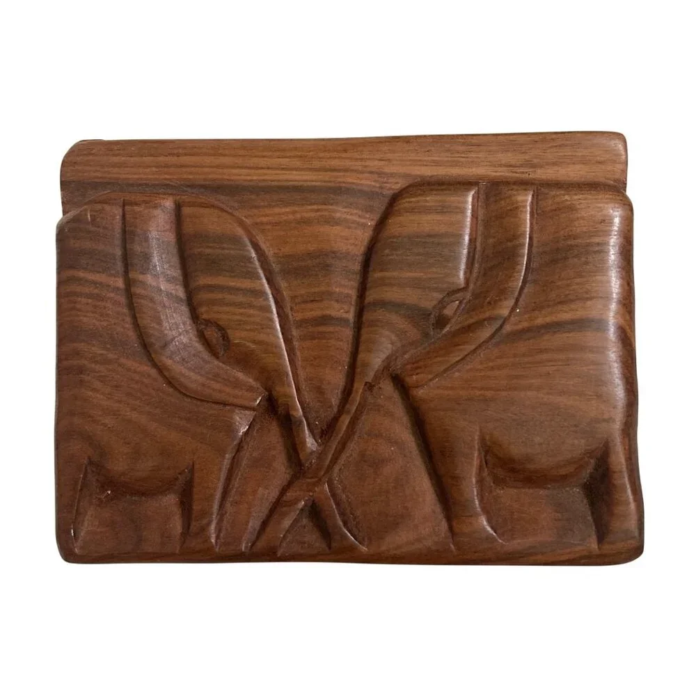 Vintage Elephant Carved Wood Jewelry Box Trinket Box Hinged Lid 4.5x3.5